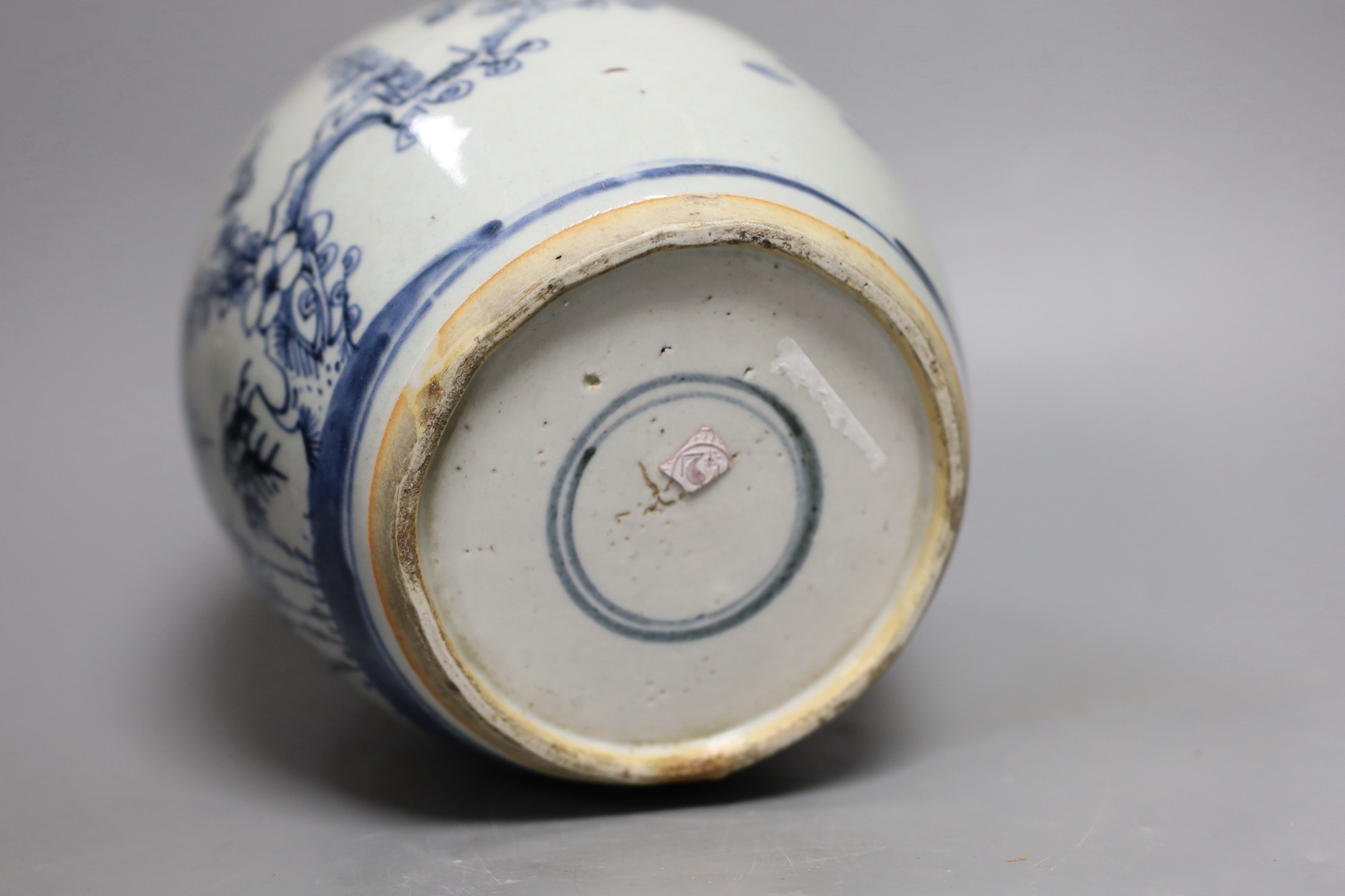 An 18th century Chinese blue and white ‘Three Friends’ jar, 19cm
